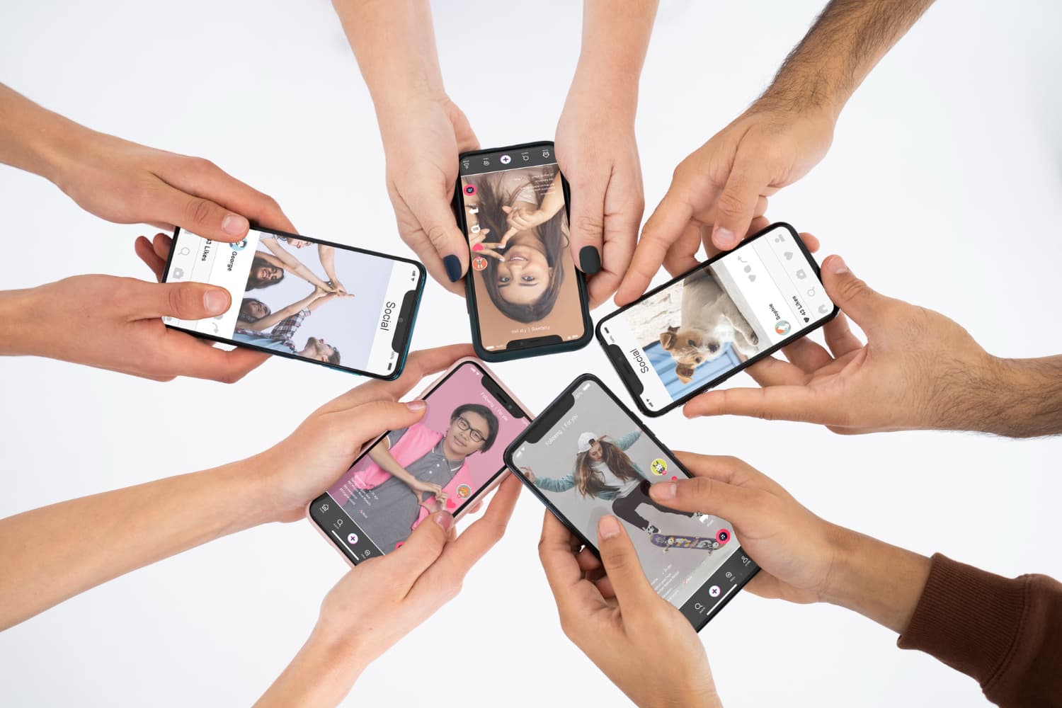 Grid of smartphone screens displaying various social media video formats including Instagram Reels, TikTok, YouTube Shorts with engaging content and high view counts
